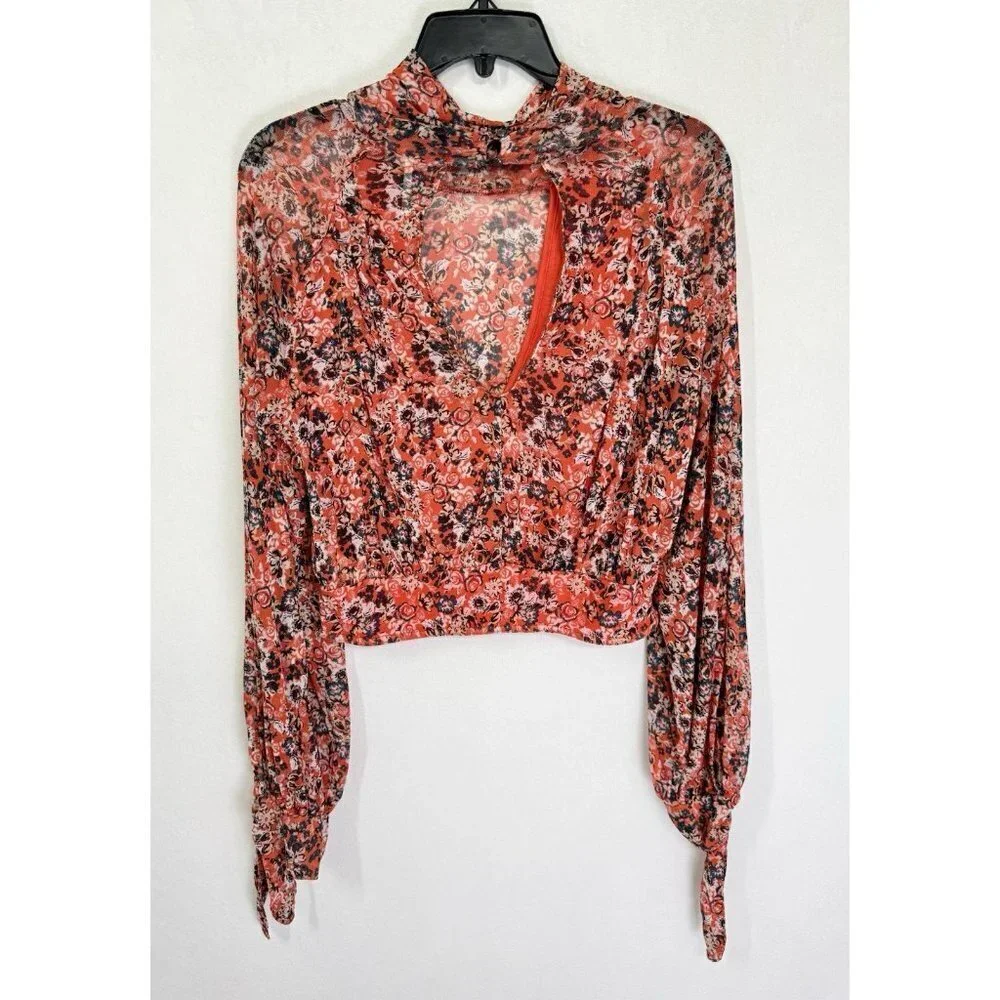 Free People All Dolled Up Mesh Crop Top Women’s Small Red Floral Mock Neck Ties